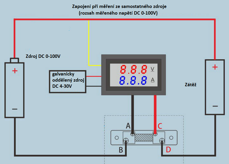 Digitální voltmetr a 50A ampérmetr do panelu červený modrý